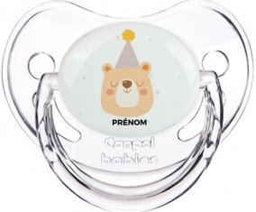 Ours anniversaire + prénom : Sucette Transparent classique embout physiologique