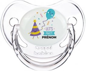 let's party anniversaire + prénom : Sucette Transparent classique embout physiologique