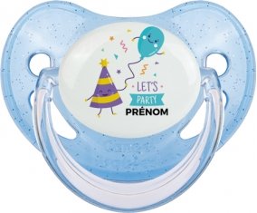 let's party anniversaire + prénom : Sucette Bleue à paillette embout physiologique