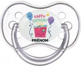 Happy birthday style 4 + prénom : Transparente classique embout anatomique