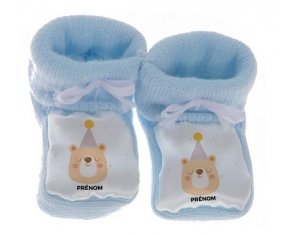 Chausson bébé Ours anniversaire + prénom de couleur Bleu