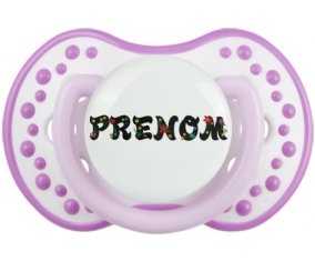 Tétine Prénom ou texte personnalisée alphabet style-20 :Blanc-mauve classique Tétine embout Lovi Dynamic 0/6 mois