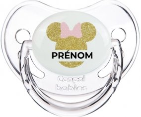 Disney Minnie Oreilles dorées Nœud rose avec prénom : Transparent classique Tétine embout physiologique