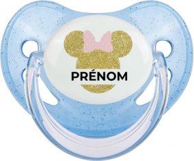 Disney Minnie Oreilles dorées Nœud rose avec prénom : Bleue à paillette Tétine embout physiologique