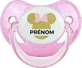 Disney Minnie Oreilles dorées Nœud rose avec prénom : Rose à paillette Tétine embout physiologique