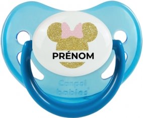 Disney Minnie Oreilles dorées Nœud rose avec prénom : Bleue phosphorescente Tétine embout physiologique