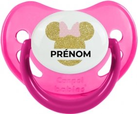 Disney Minnie Oreilles dorées Nœud rose avec prénom : Rose phosphorescente Tétine embout physiologique