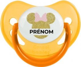 Disney Minnie Oreilles dorées Nœud rose avec prénom : Jaune phosphorescente Tétine embout physiologique