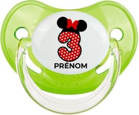 Disney Minnie Numéro 3 rouge pois blancs papillon rouge avec prénom : Vert classique Tétine embout physiologique