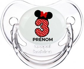 Disney Minnie Numéro 3 rouge pois blancs papillon rouge avec prénom : Transparent classique Tétine embout physiologique