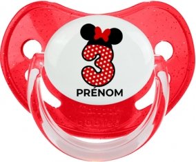 Disney Minnie Numéro 3 rouge pois blancs papillon rouge avec prénom : Rouge à paillette Tétine embout physiologique