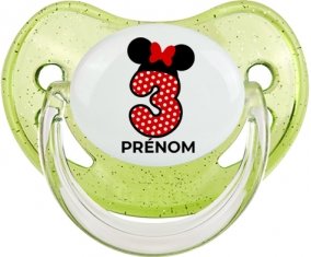 Disney Minnie Numéro 3 rouge pois blancs papillon rouge avec prénom : Vert à paillette Tétine embout physiologique