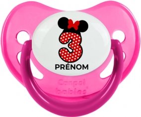 Disney Minnie Numéro 3 rouge pois blancs papillon rouge avec prénom : Rose phosphorescente Tétine embout physiologique