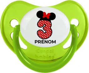 Disney Minnie Numéro 3 rouge pois blancs papillon rouge avec prénom : Vert phosphorescente Tétine embout physiologique