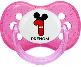 Disney Mickey Numéro 1 avec prénom : Rose à paillette Tétine embout cerise