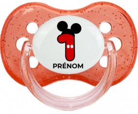 Disney Mickey Numéro 1 avec prénom : Rouge à paillette Tétine embout cerise