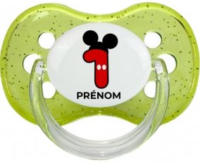 Disney Mickey Numéro 1 avec prénom : Vert à paillette Tétine embout cerise