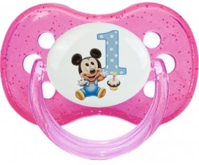 Disney Mickey Numéro 1 anniversaire : Rose à paillette Tétine embout cerise