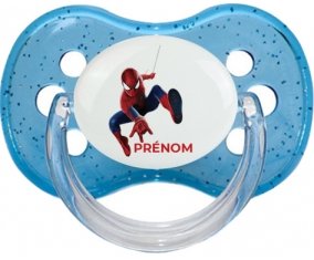 Spiderman design-1 avec prénom : Bleu à paillette Tétine embout cerise