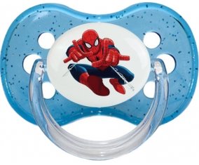 Spiderman design-3 avec prénom : Bleu à paillette Tétine embout cerise