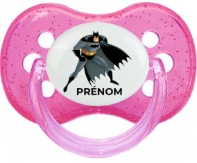 Batman avec prénom : Rose à paillette Tétine embout cerise