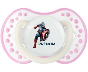 Captain America design-1 avec prénom : Blanc-rose phosphorescente Tétine embout Lovi Dynamic