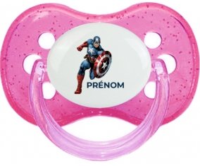 Captain America design-1 avec prénom : Rose à paillette Tétine embout cerise