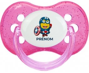 Captain America minion avec prénom : Rose à paillette Tétine embout cerise