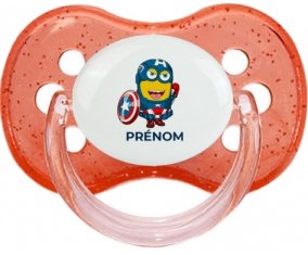 Captain America minion avec prénom : Rouge à paillette Tétine embout cerise