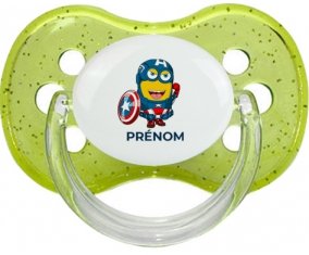 Captain America minion avec prénom : Vert à paillette Tétine embout cerise