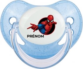 Spiderman design-6 avec prénom : Bleue à paillette Tétine embout physiologique