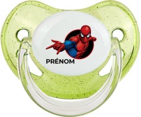 Spiderman design-6 avec prénom : Vert à paillette Tétine embout physiologique