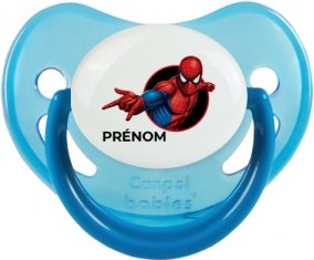 Spiderman design-6 avec prénom : Bleue phosphorescente Tétine embout physiologique