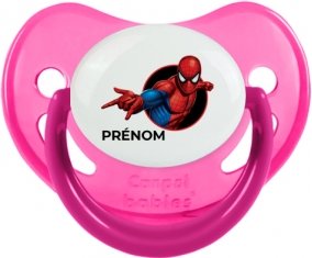 Spiderman design-6 avec prénom : Rose phosphorescente Tétine embout physiologique