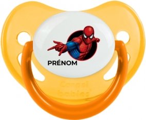 Spiderman design-6 avec prénom : Jaune phosphorescente Tétine embout physiologique