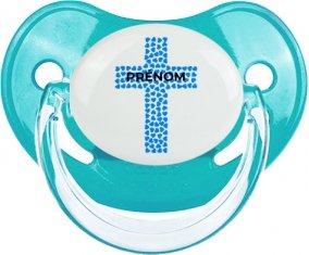 Croix christ bleue avec prénom : Sucette Physiologique personnalisée