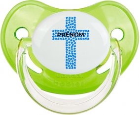 Croix christ bleue avec prénom : Vert classique Tétine embout physiologique