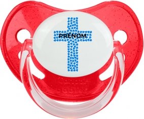 Croix christ bleue avec prénom : Rouge à paillette Tétine embout physiologique