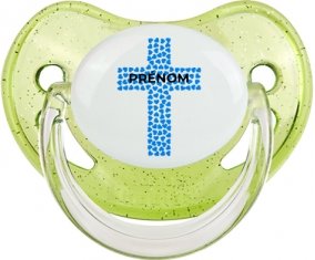 Croix christ bleue avec prénom : Vert à paillette Tétine embout physiologique