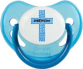 Croix christ bleue avec prénom : Bleue phosphorescente Tétine embout physiologique