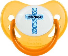 Croix christ bleue avec prénom : Jaune phosphorescente Tétine embout physiologique