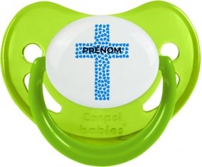 Croix christ bleue avec prénom : Vert phosphorescente Tétine embout physiologique