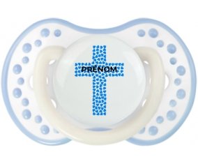 Croix christ bleue avec prénom : Blanc-cyan classique Tétine embout Lovi Dynamic