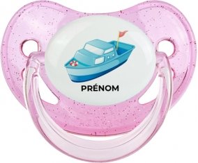 Jouet toys Bateau design-3 avec prénom : Rose à paillette Tétine embout physiologique