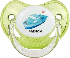 Jouet toys Bateau design-3 avec prénom : Vert à paillette Tétine embout physiologique