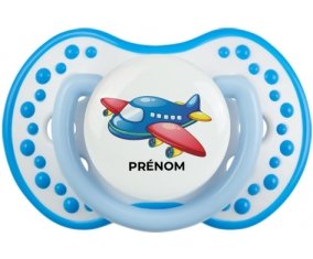 Jouet toys Avion design-1 avec prénom : Blanc-bleu phosphorescente Tétine embout Lovi Dynamic