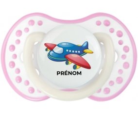 Jouet toys Avion design-1 avec prénom : Blanc-rose phosphorescente Tétine embout Lovi Dynamic