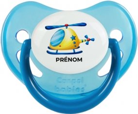 Jouet toys Hélicoptère design-1 avec prénom : Bleue phosphorescente Tétine embout physiologique