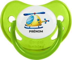 Jouet toys Hélicoptère design-1 avec prénom : Vert phosphorescente Tétine embout physiologique