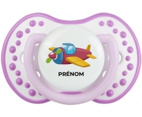 Jouet toys Avion design-3 avec prénom : Blanc-mauve classique Tétine embout Lovi Dynamic